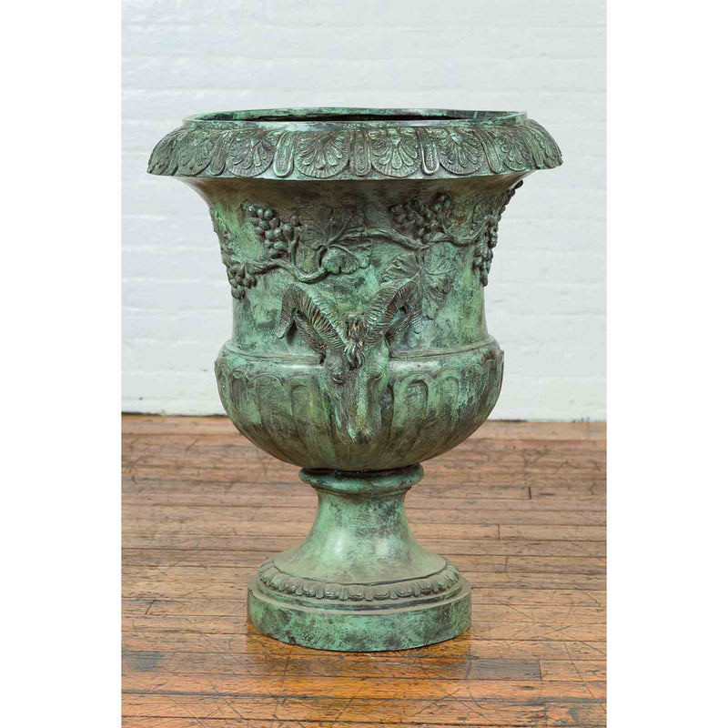 Classical Roman Style Bronze Urn Planter with Verde Patina and Rams Head-Custom Bronze Statues & Fountains for Sale-Randolph Rose Collection