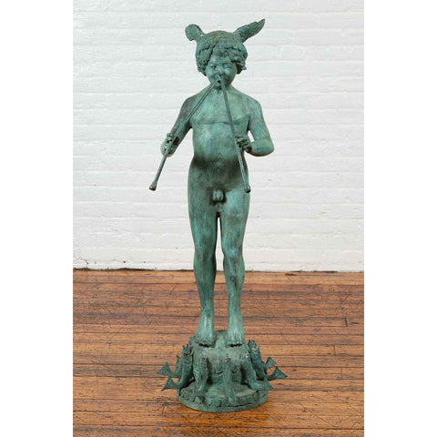 Greco Roman Style Verde Bronze Sculpture of Mercury Playing the Double Flute