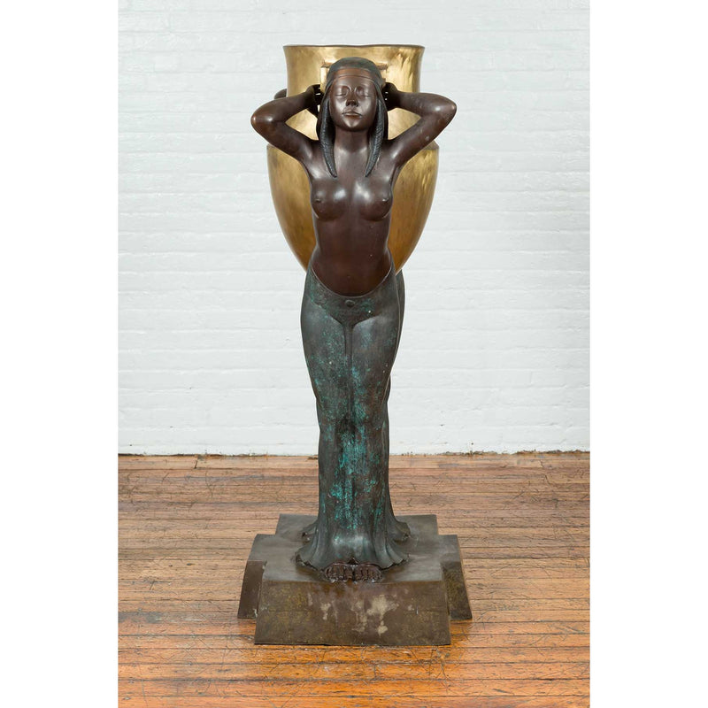 Bronze Egyptian Style Planter Depicting Two Maiden Carrying a Large Urn-Custom Bronze Statues & Fountains for Sale-Randolph Rose Collection