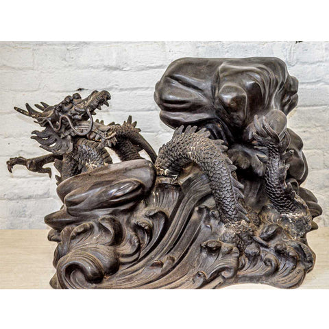 Bronze Dragon on Waves Sculpture