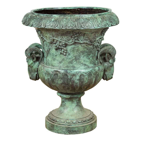 Classical Roman Style Bronze Urn Planter with Verde Patina and Rams Head