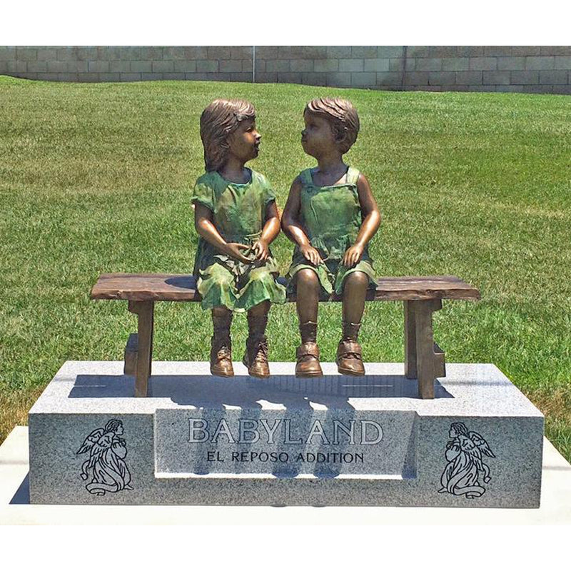 Bronze Memorial Cemetery Statue of  Two Children Reading on a Bench