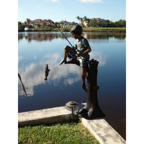 Bronze Sculpture Fisherman Fishing Rod Koi Pond Boat will