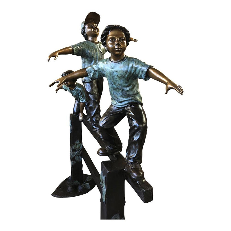 Three Boys Bronze Statue Playing on Fence