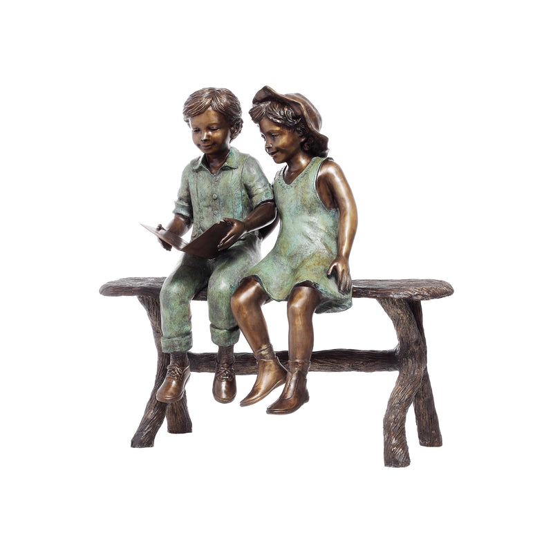 Bronze Statue of  Two Children Reading on a Bench