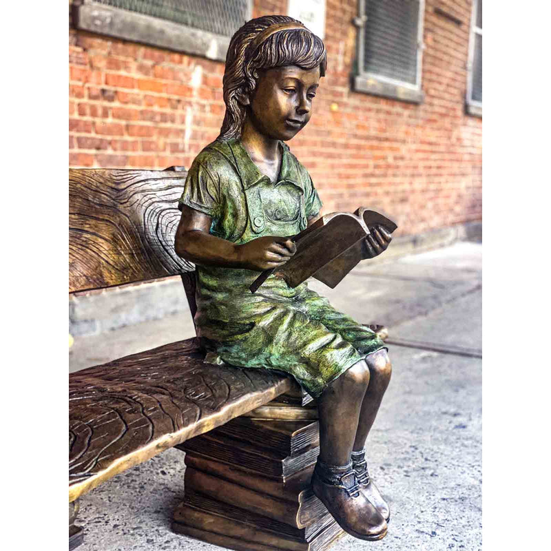 Study Time Girl on Book Buddies Bench-Custom Bronze Statues & Fountains for Sale-Randolph Rose Collection