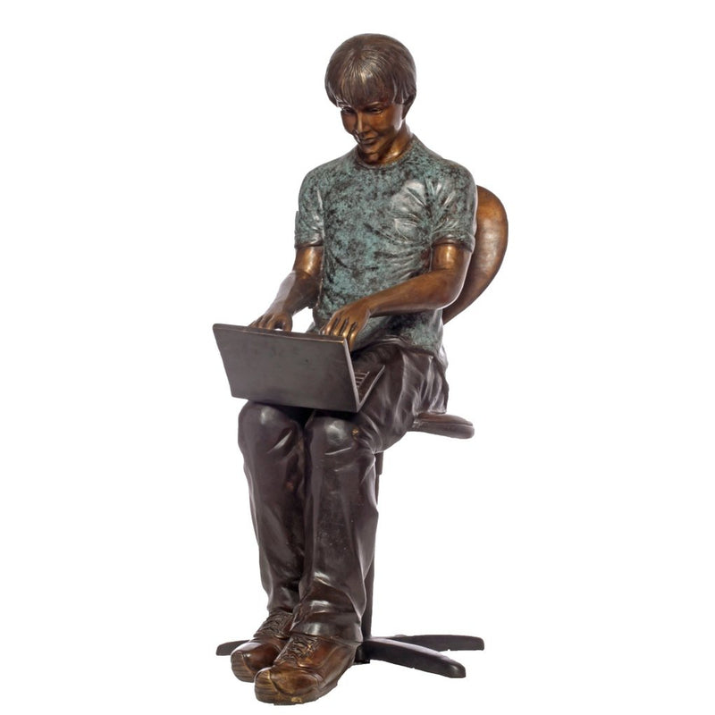 Bronze Statue of Boy Reading Laptop