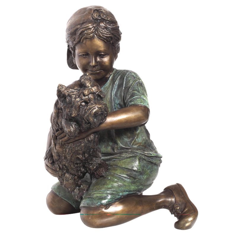 Boy holding puppy dog bronze statue