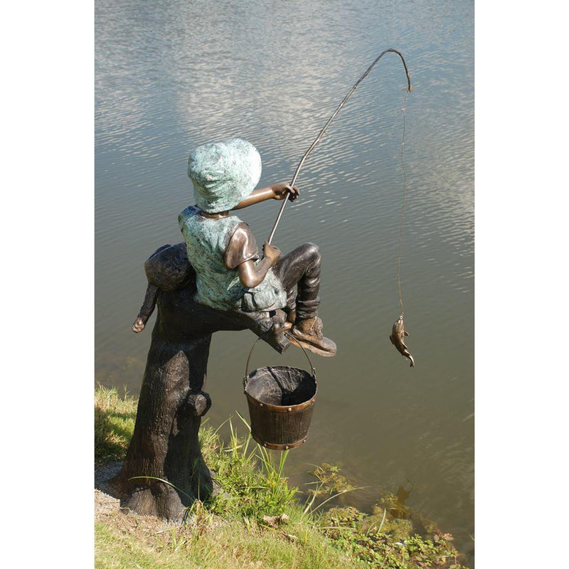 Boy Fishing with Dog Bronze Statue