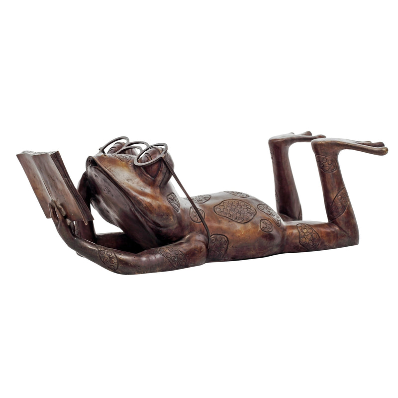 Bronze sculpture of frog reading on its belly