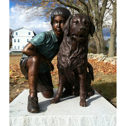 Bronze Statue of a Boy and Golden Retriever Statue