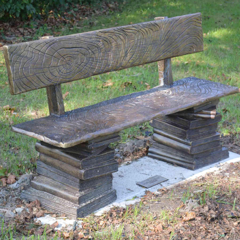 Stack of Books Buddy Bench with Back-Bronze Statue of Children Reading-Randolph Rose Collection-RG1348
