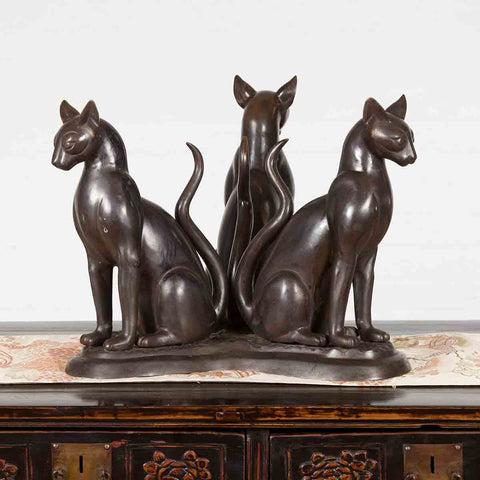 Triple Cat Lost Wax Cast Bronze Coffee Table Base with Dark Patina