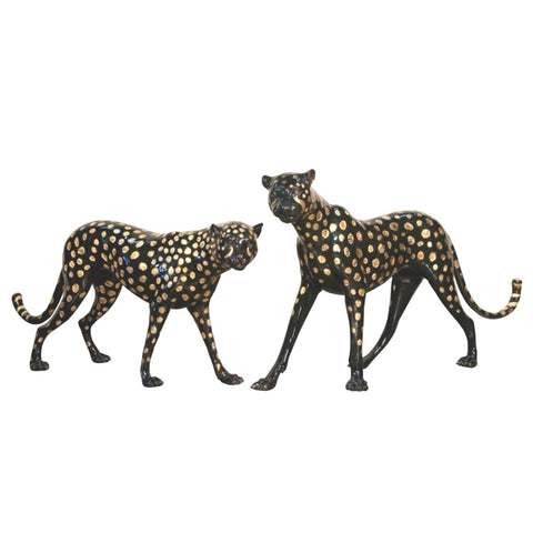Pair of Black & Gold Patina Cheetah Statues