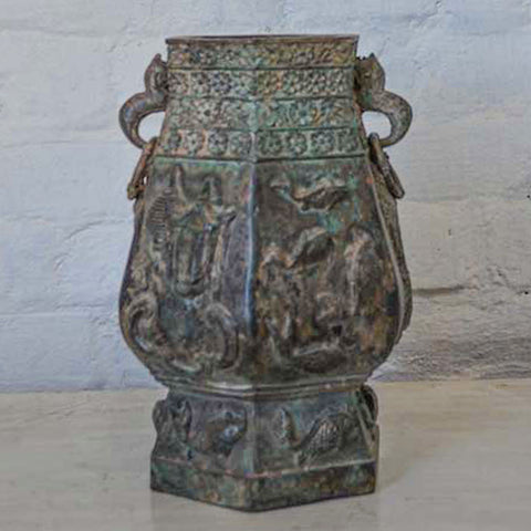 Bronze Urn with Eastern Asian Design in Verdigris Patina