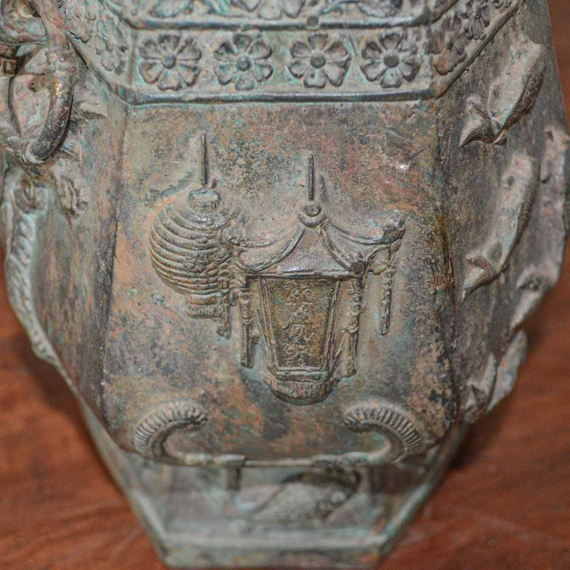 Bronze Urn with Eastern Asian Design in Verdigris Patina-Custom Bronze Statues & Fountains for Sale-Randolph Rose Collection