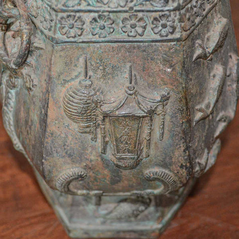 Bronze Urn with Eastern Asian Design in Verdigris Patina