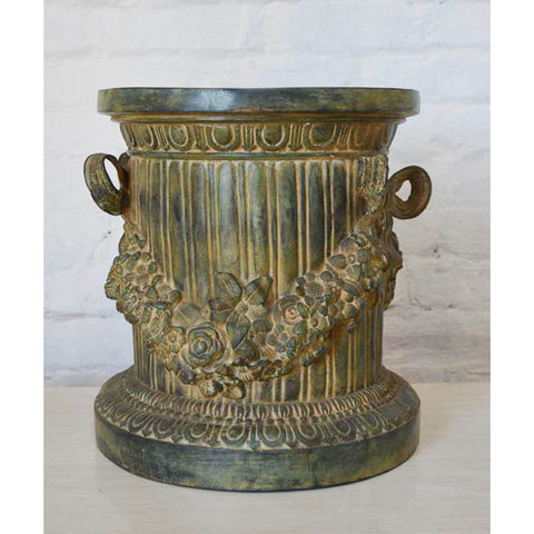Bronze Column Pedestal with Garland and Bow in Verdigris Patina