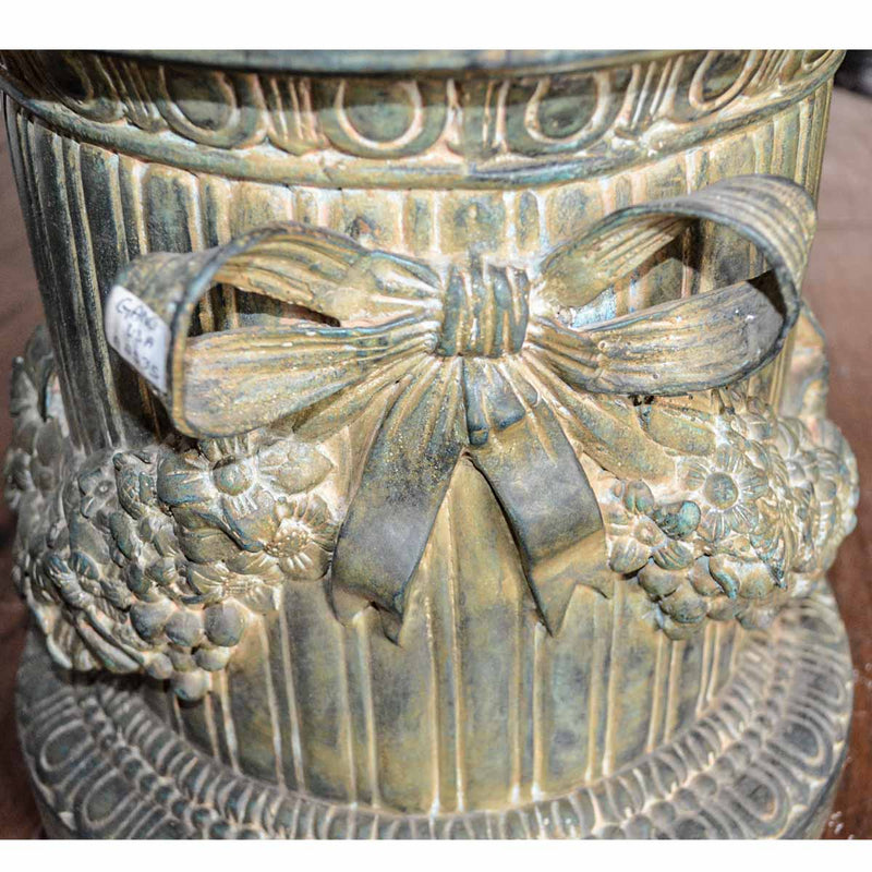 Bronze Column Pedestal with Garland and Bow in Verdigris Patina-Custom Bronze Statues & Fountains for Sale-Randolph Rose Collection