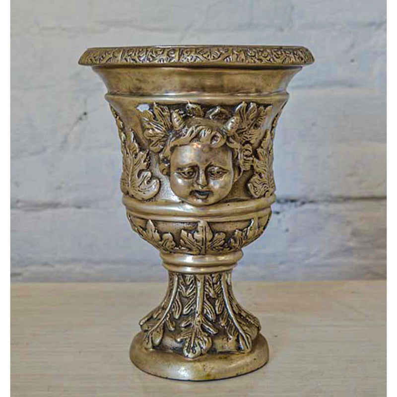 Small Greco-Roman Urn with Cherub Faces and Palmettos in Silver Patina-Custom Bronze Statues & Fountains for Sale-Randolph Rose Collection