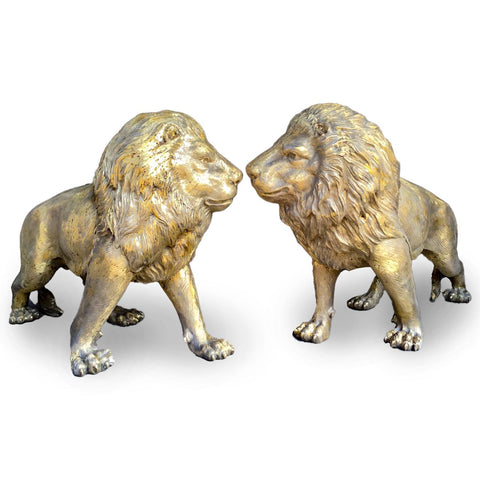 Pair of Lions in Golden Patina Bronze Sculpture