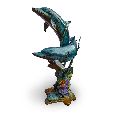 Double Swimming Dolphins on Rock Base with Special Glazed Patina