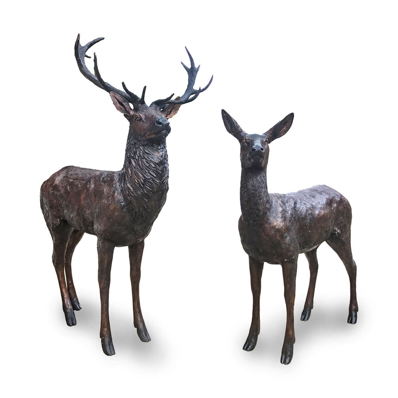 Buck and Doe - Pair of bronze deer garden statues together
