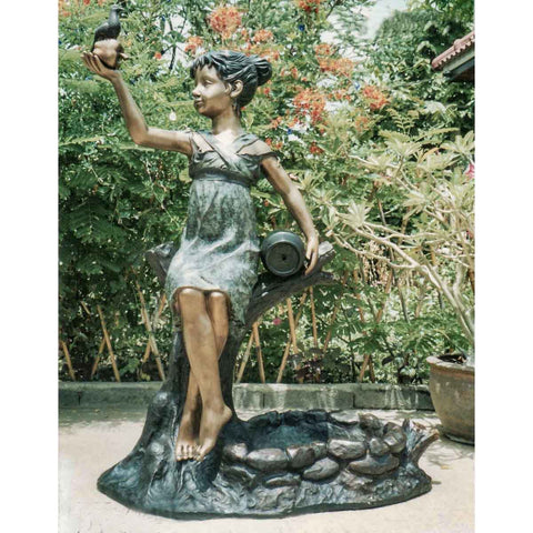 Woman Holding Bird and Apple Bronze Fountain