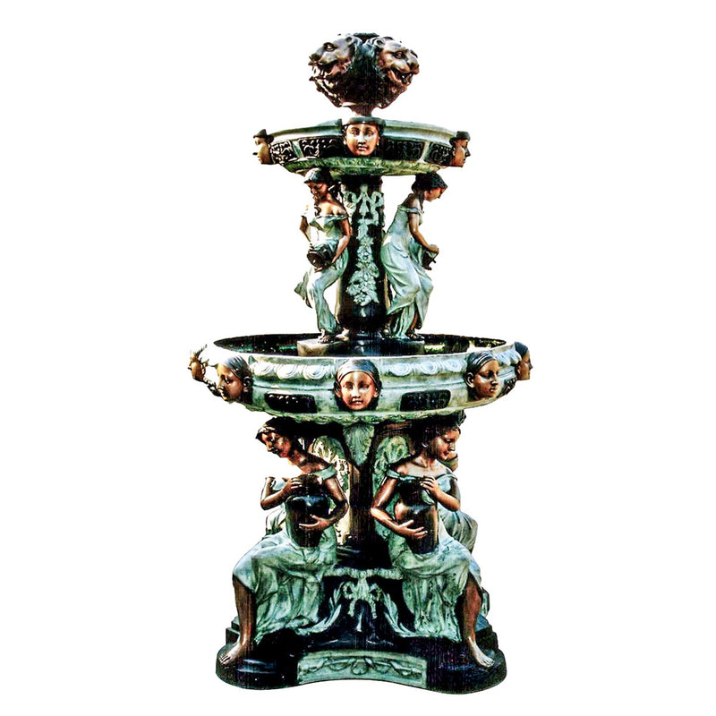 Two-Tier Fountain with Four Maidens Base and Lion Heads Top Bronze Fountain-Custom Bronze Statues & Fountains for Sale-Randolph Rose Collection