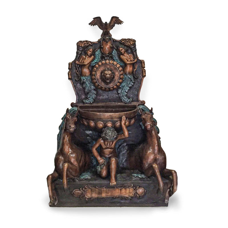 Large Wall Classical Fountain with Horses at Base-Custom Bronze Statues & Fountains for Sale-Randolph Rose Collection