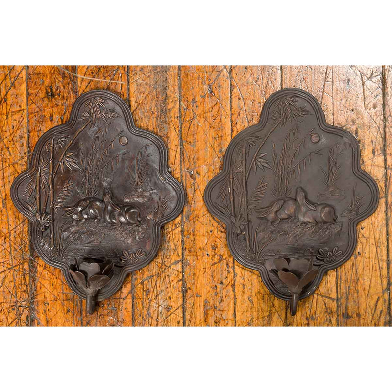 Vintage Bronze Candle Sconce with Rabbits and Bamboo in Dark Patina-Custom Bronze Statues & Fountains for Sale-Randolph Rose Collection