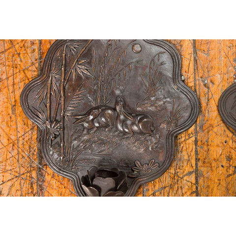 Vintage Bronze Candle Sconce with Rabbits and Bamboo in Dark Patina