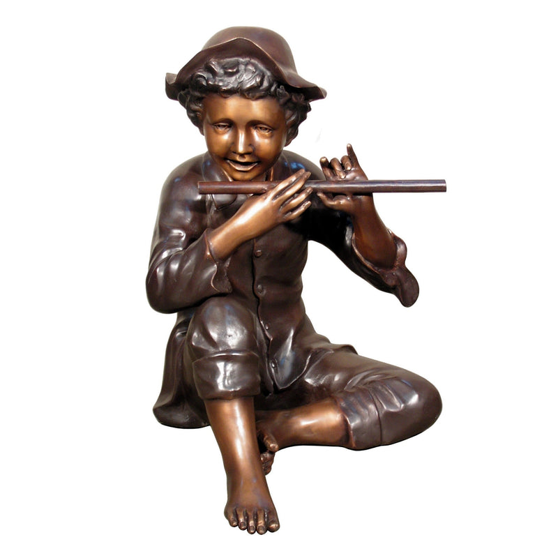 Boy Sitting Playing Flute Garden Statue Brown Patina - Randolph Rose Collection