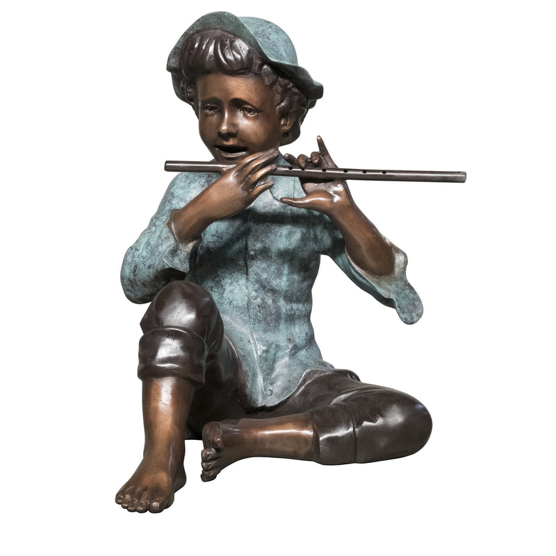 Boy Sitting Playing Flute Garden Statue Verdigris Patina - Randolph Rose Collection