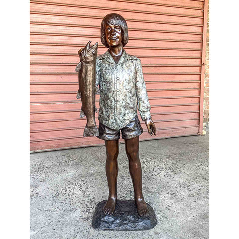 Custom Bronze Children's Statue of a Boy Holding a Fish