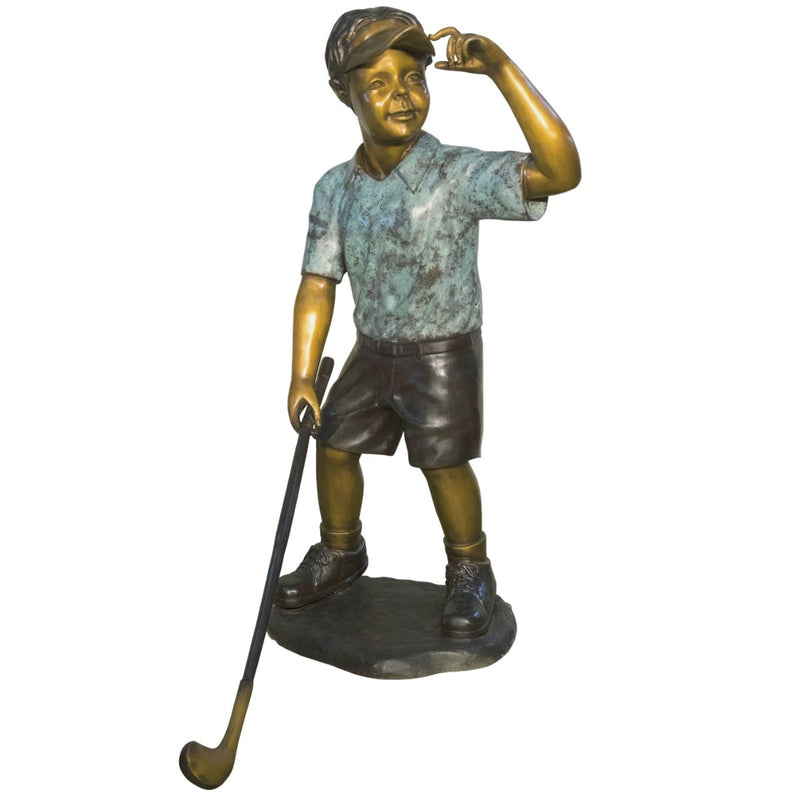 Stroke of Genius with Hand on Visor - Boy-Custom Bronze Statues & Fountains for Sale-Randolph Rose Collection