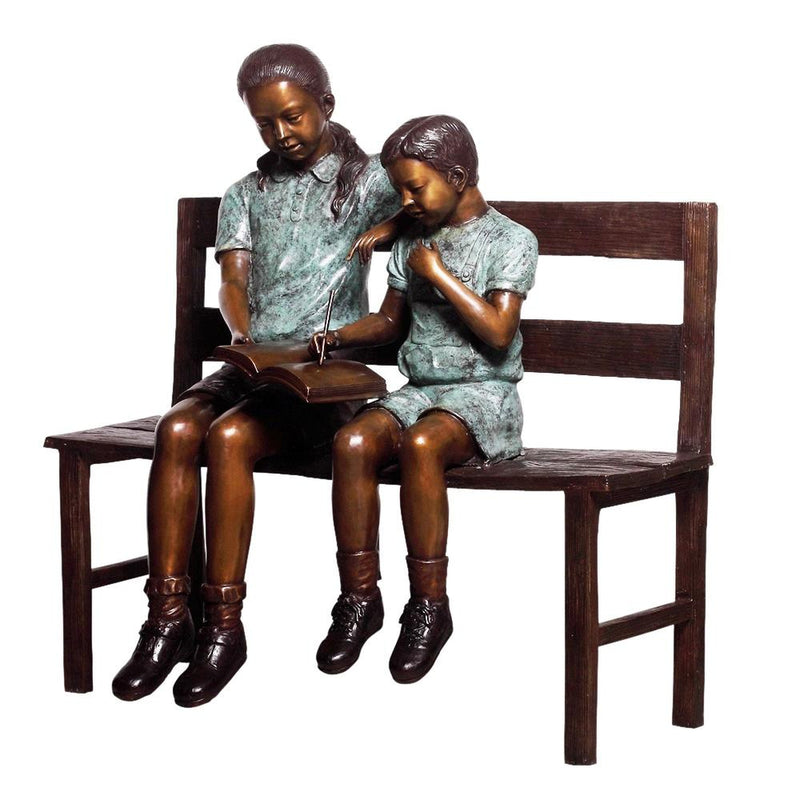 Bronze Statue of a Boy and Girl - Children Reading a Book on a Bench