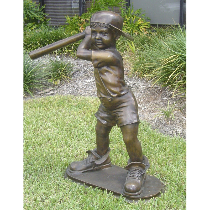 Boy Playing Baseball Bronze Statue Wearing  Dad's Shoes