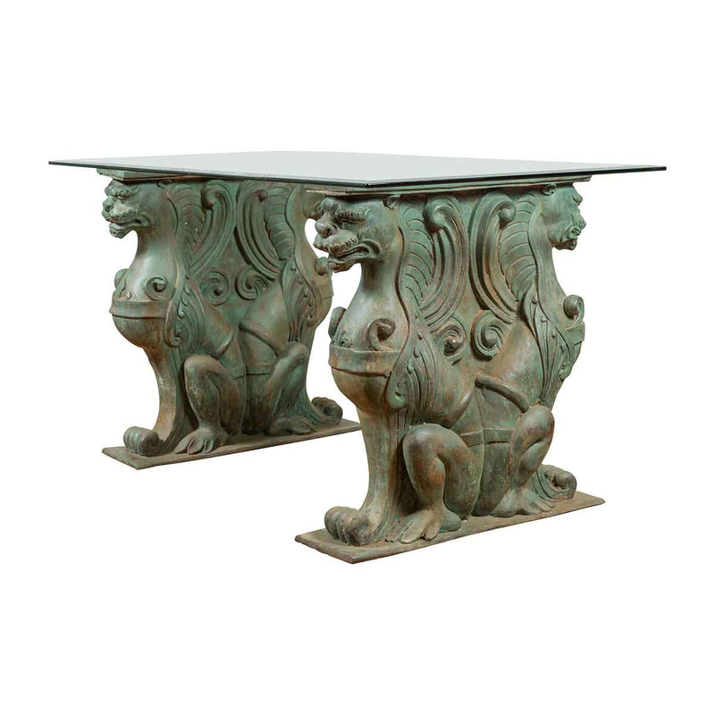 Double Bronze Mythical Figures Table Base with Verde Patina - Randolph Rose Collection