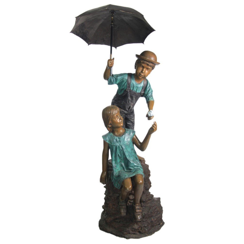 Two Children Holding Umbrella Bronze Statue