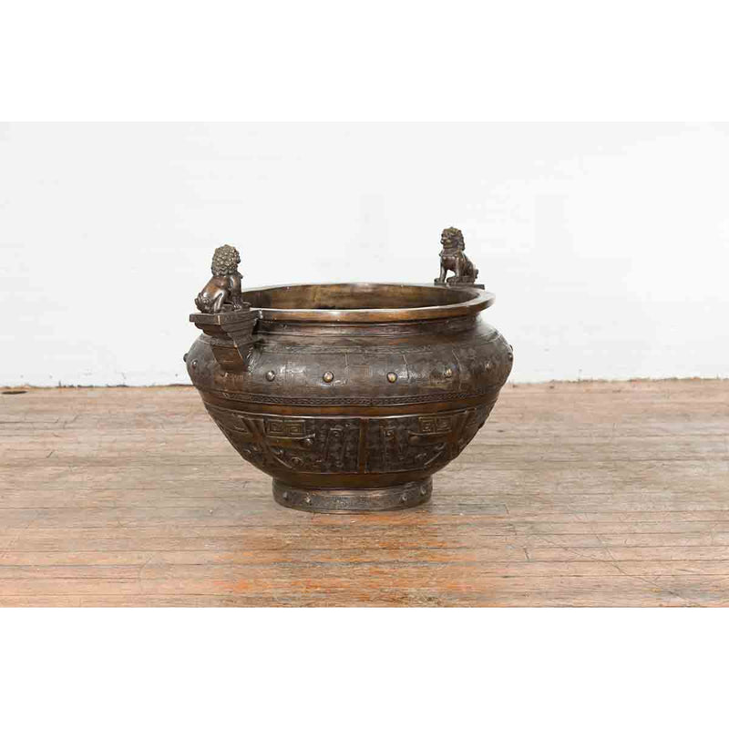 Bronze Planter with Foo Dog Guardian Lions and Meander Motifs-Custom Bronze Statues & Fountains for Sale-Randolph Rose Collection