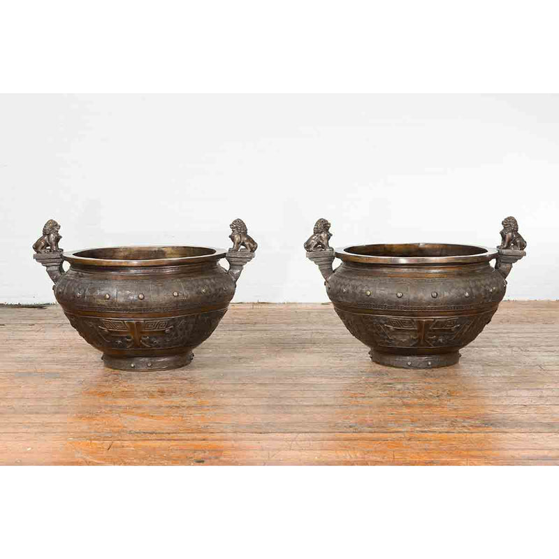 Bronze Planter with Foo Dog Guardian Lions and Meander Motifs-Custom Bronze Statues & Fountains for Sale-Randolph Rose Collection