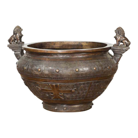 Bronze Planter with Foo Dog Guardian Lions and Meander Motifs