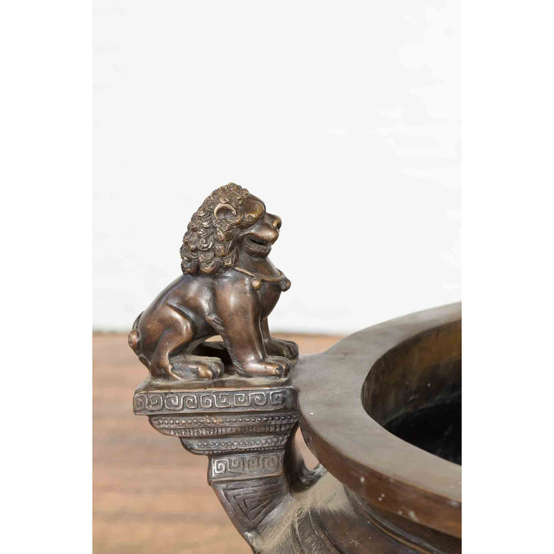 Bronze Planter with Foo Dog Guardian Lions and Meander Motifs-Custom Bronze Statues & Fountains for Sale-Randolph Rose Collection