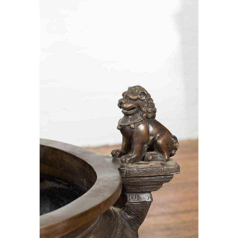 Bronze Planter with Foo Dog Guardian Lions and Meander Motifs-Custom Bronze Statues & Fountains for Sale-Randolph Rose Collection