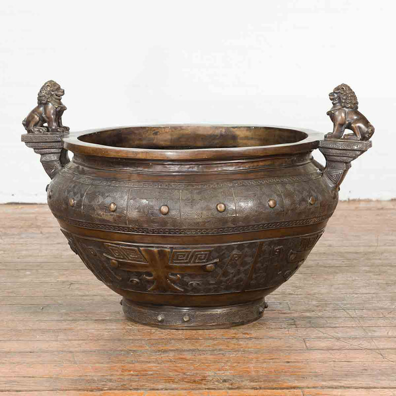 Bronze Planter with Foo Dog Guardian Lions and Meander Motifs-Custom Bronze Statues & Fountains for Sale-Randolph Rose Collection
