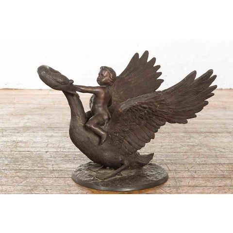 Vintage Greco Roman Style Bronze Sculpture of a Chubby Putto Riding a Swan