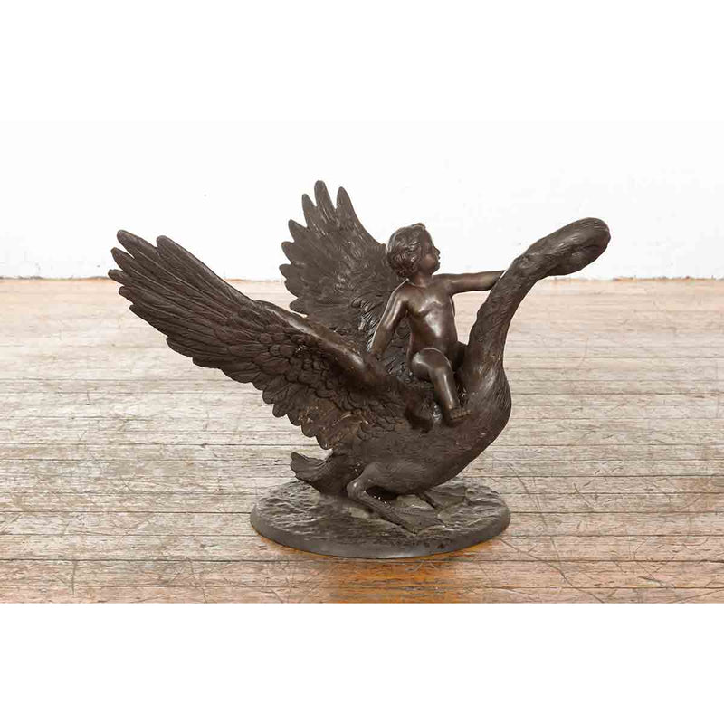 Vintage Greco Roman Style Bronze Sculpture of a Chubby Putto Riding a Swan-Custom Bronze Statues & Fountains for Sale-Randolph Rose Collection