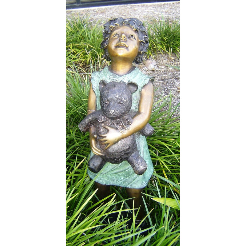 Bronze Girl Statue Holding a Teddy Bear