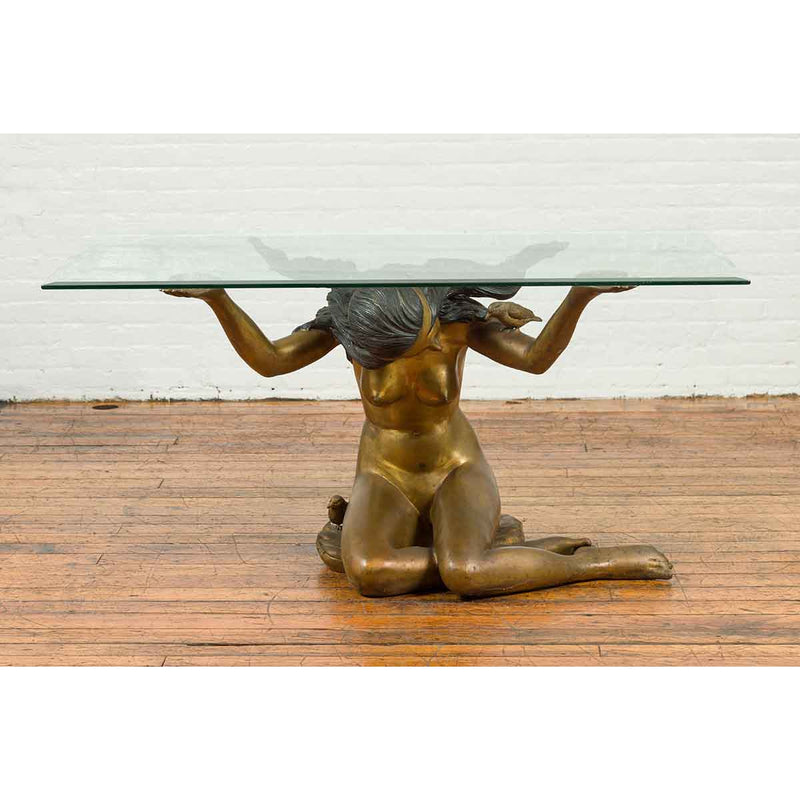 Vintage Nude Woman Lost Wax Cast Bronze Coffee Table Base with Gold Patina-Custom Bronze Statues & Fountains for Sale-Randolph Rose Collection